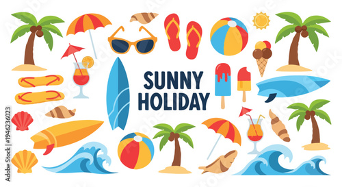 A collection of colorful summer vacation icons on a white background.
