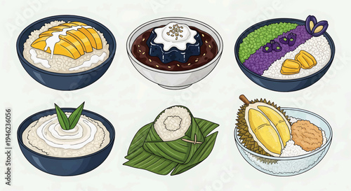 A delightful collection of six distinct and colorful Asian desserts, including mango sticky rice, jelly, and durian