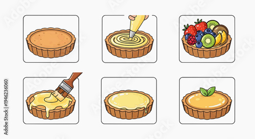 Step-by-step illustration of making a fruit tart, from baking the crust to decorating with colorful fruit and glaze