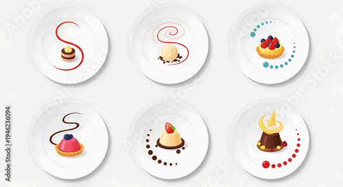 A captivating collection of six meticulously crafted miniature gourmet desserts, each presented elegantly on a pristine white plate, showcasing culinary artistry and sweet perfection