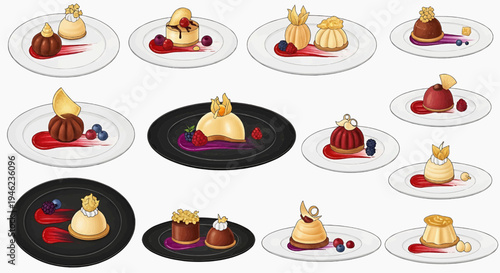 A stunning collection of exquisite desserts, beautifully presented with colorful fruit garnishes and delicate sauces