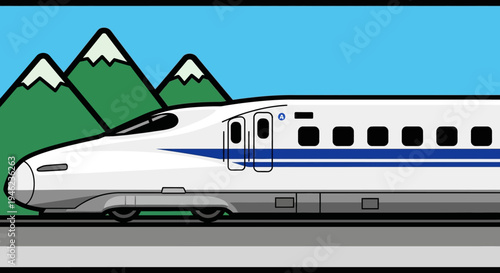 Cartoon Japanese Bullet Train Shinkansen Traveling Past Mountains
