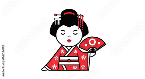 Cute Japanese Geisha Character Illustration with Red Kimono and Fan