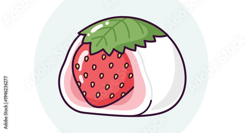 Cute Strawberry Mochi Illustration with Green Leaf Topping