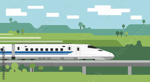 High Speed Bullet Train Moving Through Green Countryside Landscape