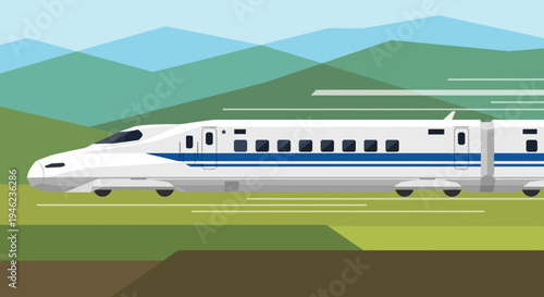 High Speed Bullet Train Moving Through Scenic Countryside Landscape