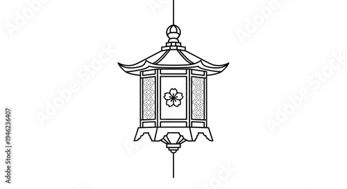 Traditional Japanese Lantern with Sakura Flower Design Line Art