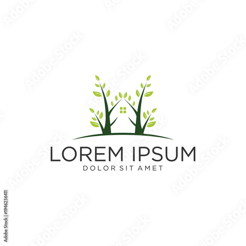 Green House Logo Design with Tree and Roof Elements