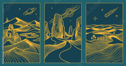 Surreal desert landscapes with alien planets and celestial bodies in a stylized illustration.