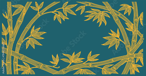Decorative frame with stylized bamboo branches and leaves on a teal background, evoking an East Asian aesthetic.