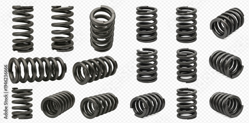 Set of various metal compression springs for industrial mechanisms and machinery, isolated on a transparent background.
