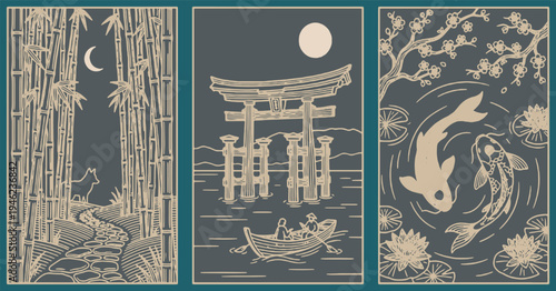 Three Japanese-inspired panels depicting nature and culture with bamboo, a torii gate, and koi fish.
