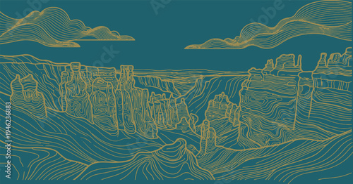 Stylized illustration of a vast canyon landscape with layered rock formations and flowing water patterns under a cloudy sky.