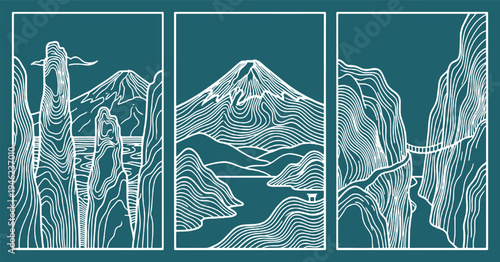 Stylized Triptych of Japanese Mountain Landscapes with Water Features in White Line Art.