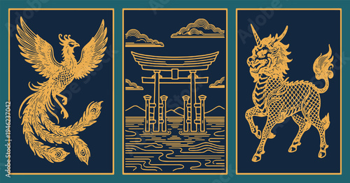 Triptych of mythical creatures and Japanese shrine gate in a traditional art style.