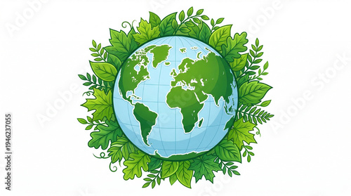 A vibrant illustration of the Earth surrounded by lush green leaves and foliage, showcasing a natural environment.