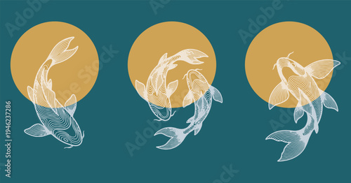 Three stylized koi fish swimming in a circular motion against a teal background with golden circles.