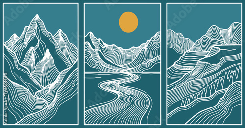 Abstract Triptych of Stylized Mountain Landscapes with a River and Sun.