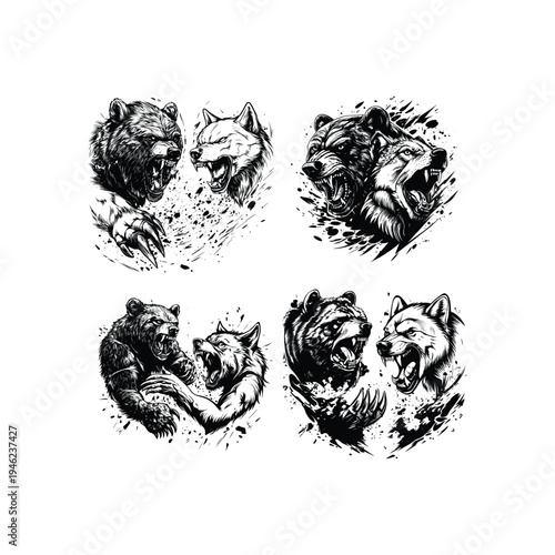 Collection of vintage hand-drawn engravings featuring a fierce battle between a grizzly bear and a wolf