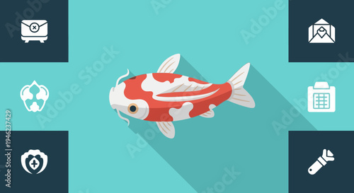 Flat Vector Koi Fish Illustration with UI Icons on Teal Background