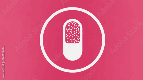 Stylized white pharmaceutical capsule pill icon with granules inside a circle on a vibrant pink background, representing health and medicine.