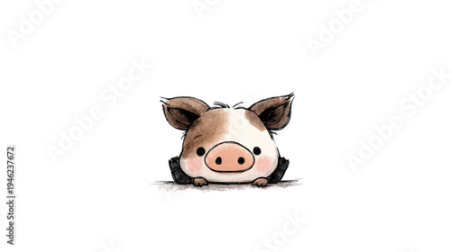 Cute cartoon piglet illustration peeking up with big eyes, adorable spotted farm animal on a white background.