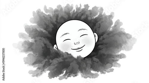 Joyful minimalist face emerging from dark smoke cloud, serene monochrome illustration with a calm and peaceful expression.