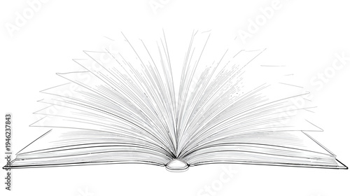 Detailed sketch of an open book with fanned blank pages on a white background, symbolizing knowledge, education, and new ideas.