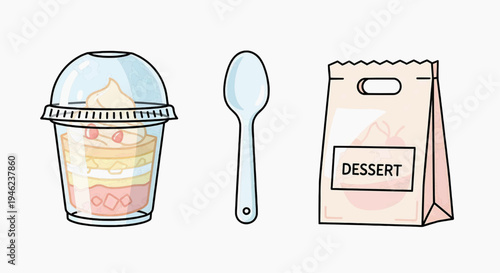 A dessert cup with a spoon and a takeout bag on a table indoors