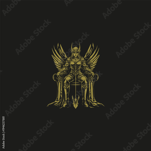valkyrie goddess warrior wearing armor and wings sitting on a throne with sword, hand drawn illustration.