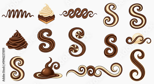 Chocolate swirls and desserts are arranged in a decorative pattern on a plate.