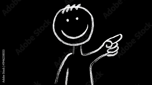 Happy stick figure chalk drawing pointing forward on a black background. Simple doodle illustration indicating direction, choice, or selection.