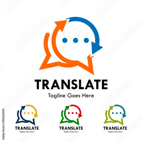 Language translation logo featuring rotating arrows and dots inside a speech bubble icon, perfect for translator apps, linguistics, and global communication tools.