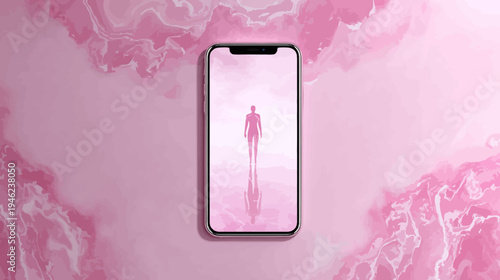 Sleek smartphone with a pink screen showing a silhouetted figure standing on a reflective surface, surrounded by abstract pink marble texture. Modern tech concept.