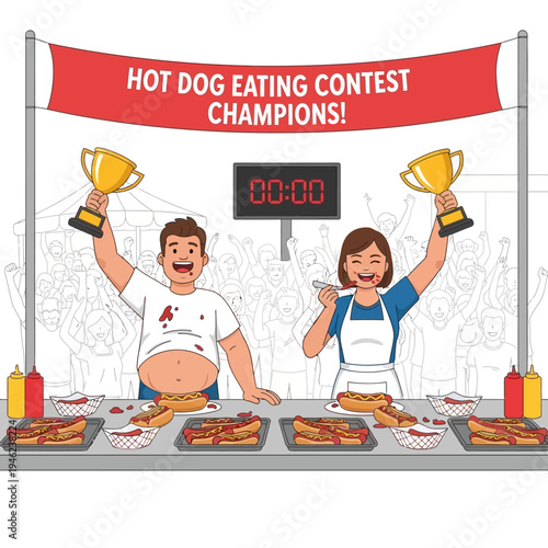 Hot Dog Eating Contest Champions Celebrate Victory with Trophies and Crowd Cheers