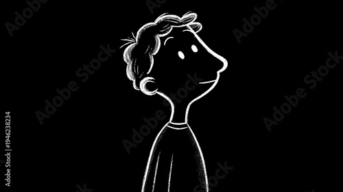 Thoughtful young man cartoon illustration looking away, pensive expression, black and white outline drawing on dark background, contemplating ideas.