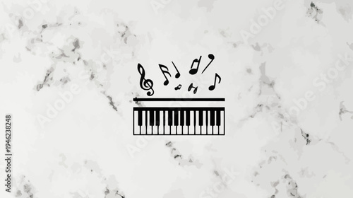 Musical notes rising from a piano keyboard on elegant white marble. Music education, composition, sound design, creative learning concept.