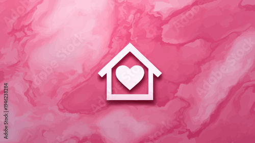White house icon with a heart on a vibrant pink abstract marbled background, symbolizing love, family, home comfort, and real estate.
