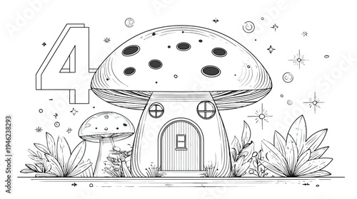 Whimsical Mushroom House with Number 4 - Fantasy Forest Coloring Page for Kids and Adults, Line Art Illustration