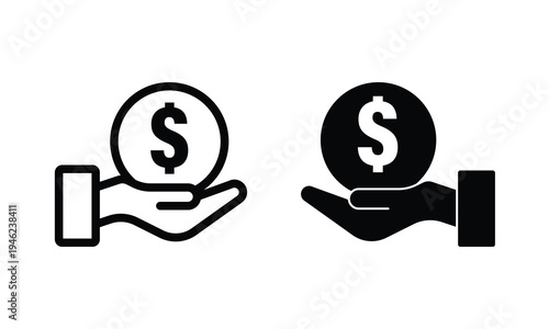 Dual Line art Hands with Dollar Coins: Offering and Receiving Icon Vector