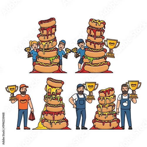 Hot Dog Eating Contest Winners Celebrate with Giant Hot Dog Stacks and Trophies