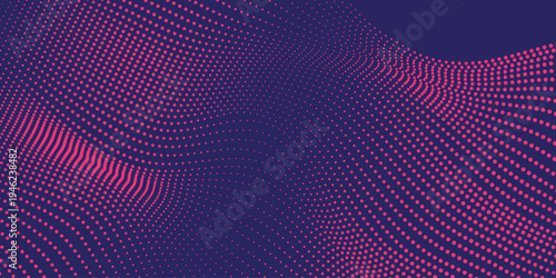 Abstract wave pattern composed of numerous red dots against a dark blue background