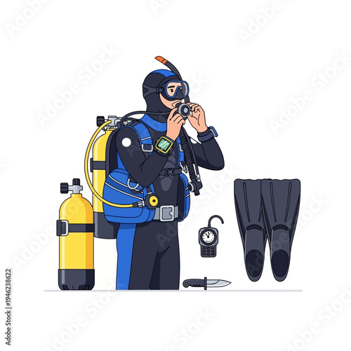 Scuba diver preparing equipment, scuba diving gear, underwater adventure