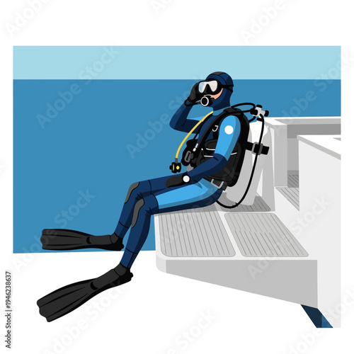 Scuba Diver Sitting on Boat Edge Ready to Dive into Blue Ocean Water