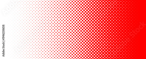 Square pixel halftone gradient texture. Fading checkered gradation wallpaper. Abstract vanishing comic pop art backdrop. Red and white squared dot background. Vector repeated raster effect overlay
