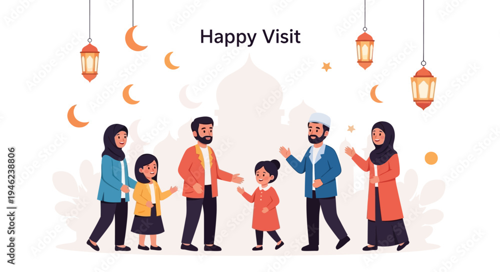Obraz premium Illustration of a diverse family gathering in a festive setting with Eid Mubarak decorations and lanterns, conveying a joyful and traditional atmosphere.