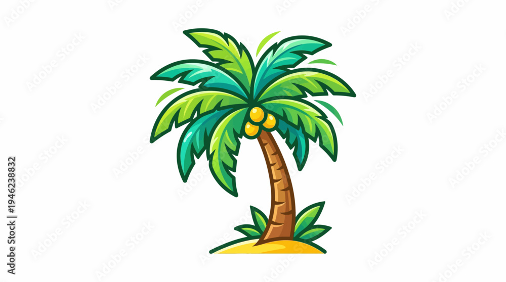 Obraz premium Vibrant cartoon illustration of a solitary palm tree with coconuts, set against a clean white background, evoking tropical themes and summer vibes