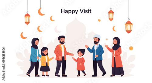 Illustration of a diverse family gathering in a festive setting with Eid Mubarak decorations and lanterns, conveying a joyful and traditional atmosphere.