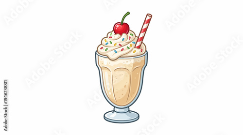 Vanilla milkshake with sprinkles and a cherry on top, served in a milkshake glass with a striped straw