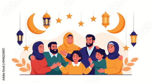 Vector illustration of a diverse family gathering together, celebrating Eid al-Fitr with traditional lanterns, crescent moons, and stars on a clean background, conveying a sense of